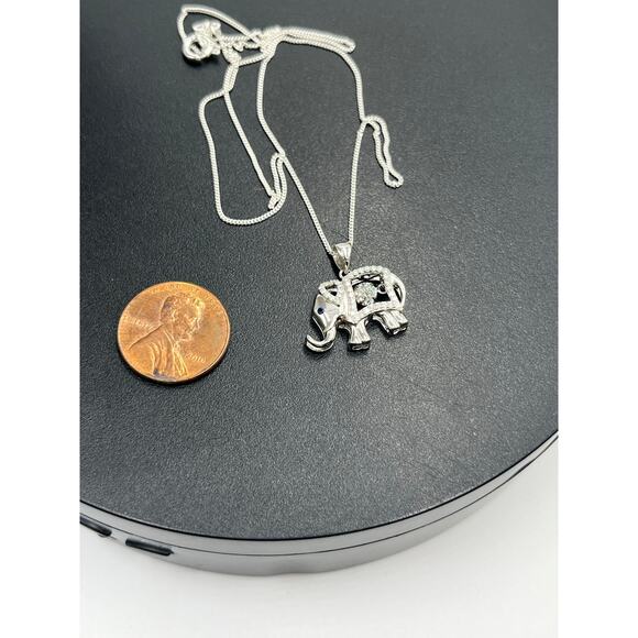 Vintage Sterling Silver Elephant Dancing Diamond Blue CZ Eye Pendant Necklace - Picture 3 of 8